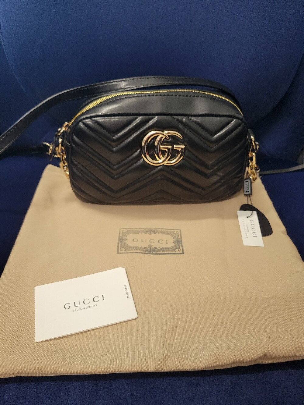 Black Chevron Matelassé Leather Crossbody with Gold Double G